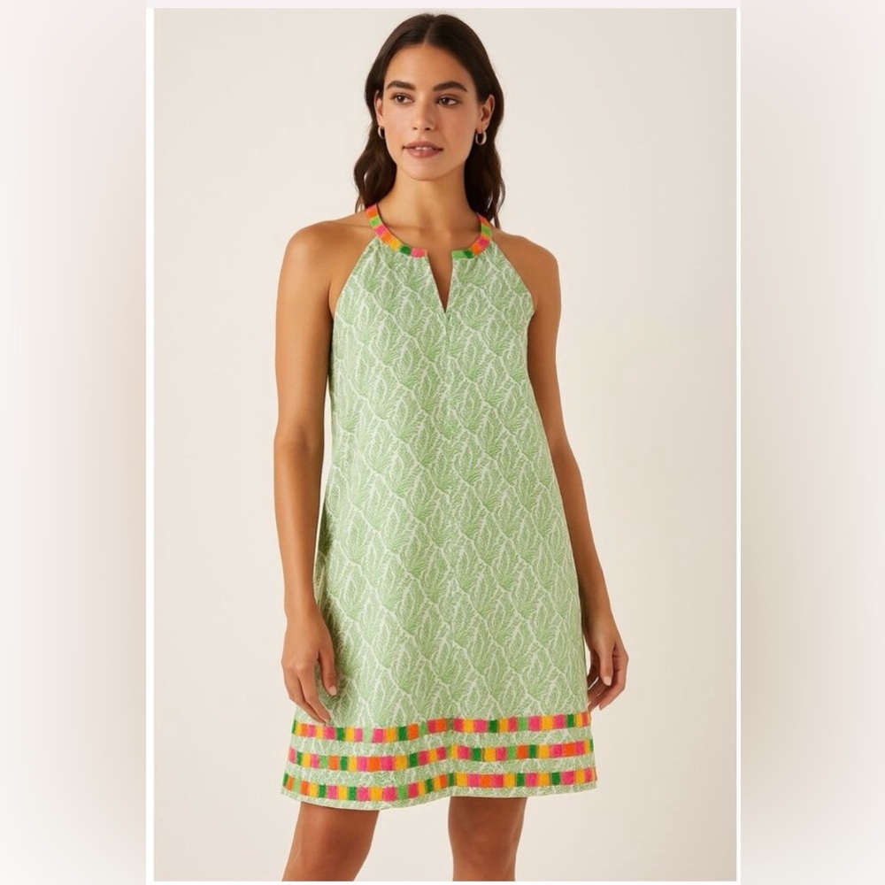 THML Sleeveless Halter Shift Dress Green and White Embroidered SZ M Preppy Boho